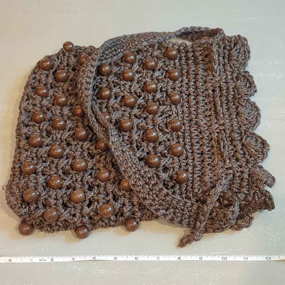 Brown Beaded Crochet Handbag Y2K Hobo Boho‎ Hippie